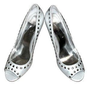 Enzo Angiolini Silver Studded Open Toe Stilettos